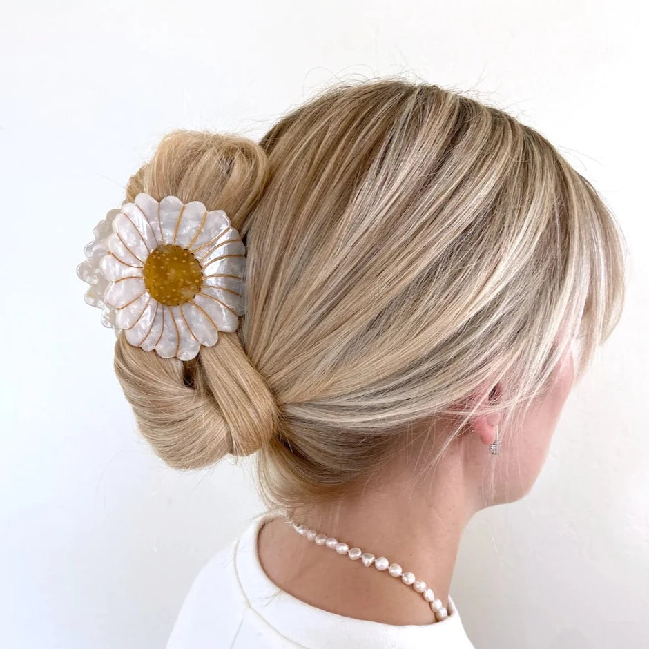 Hand Painted White Daisy Flower Hair Claw Clip being worn ,  spring accessory