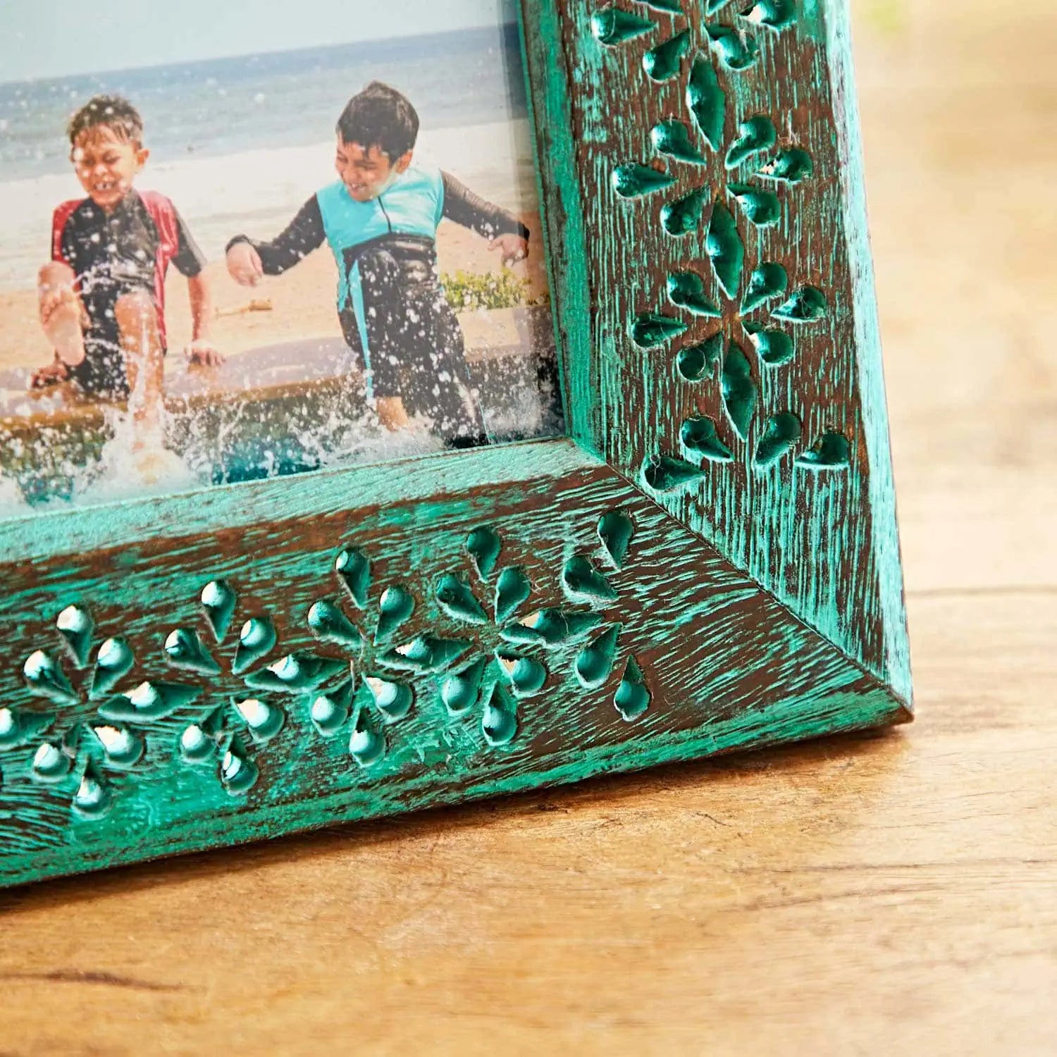 Carved Mango Wood Photo Frame | Green Floral Frame | Uneeka