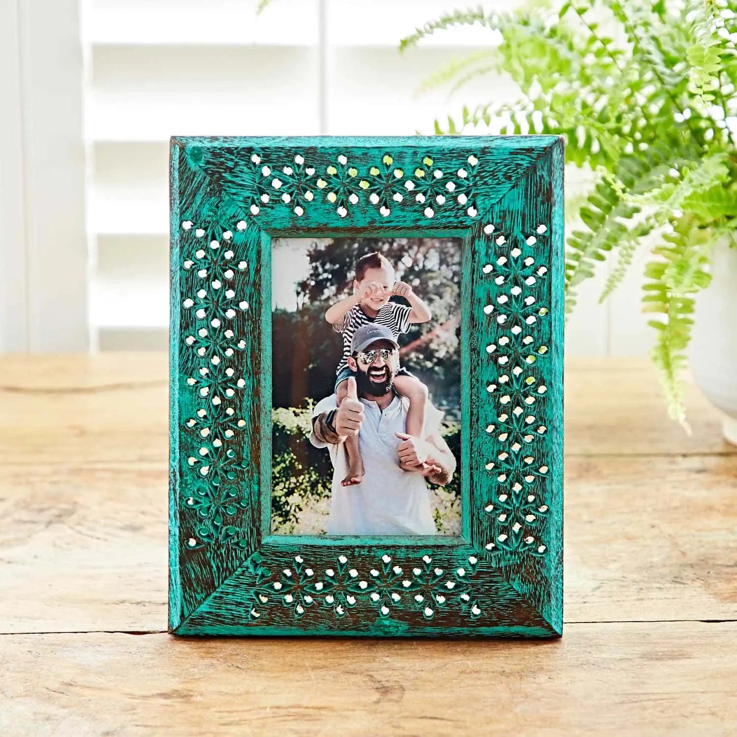 Carved Mango Wood Photo Frame | Green Floral Frame | Uneeka