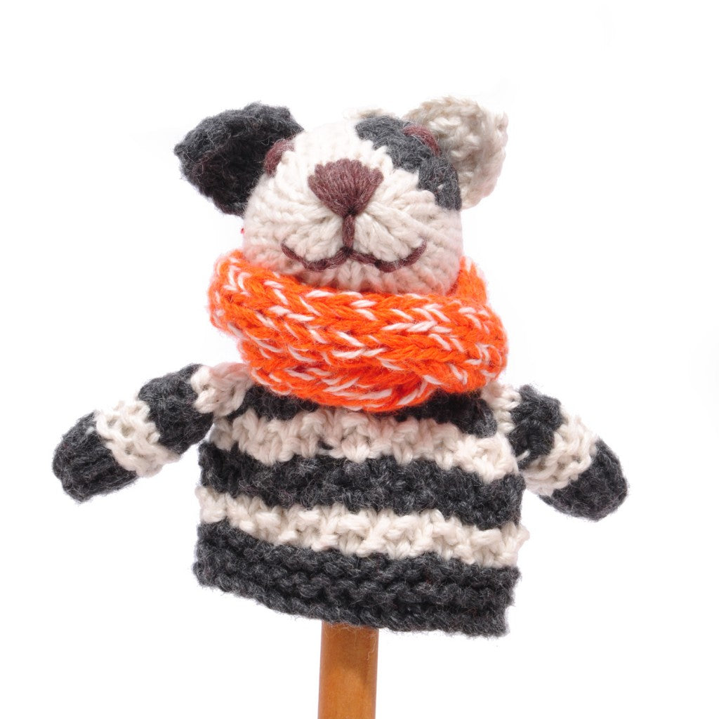 Hand Knitted Spotty Dog With Scarf Finger Puppet - Uneeka