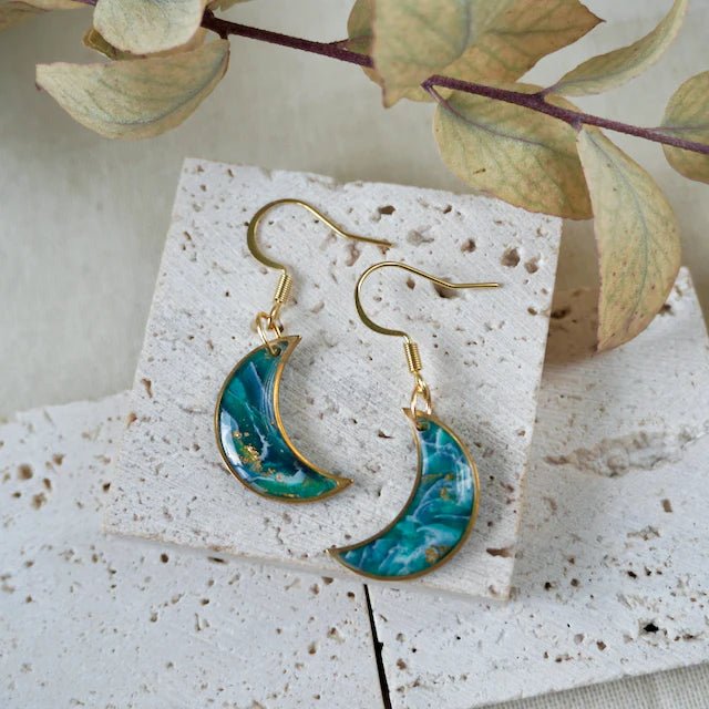 Celestia Gold Moon Drop Earrings - HM - Emerald Green - Uneeka