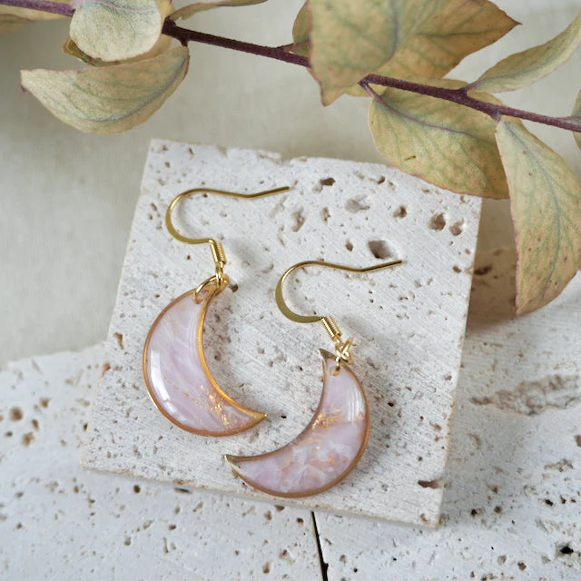 Celestia Gold Moon Drop Earrings - HM - Rose Quartz - Uneeka