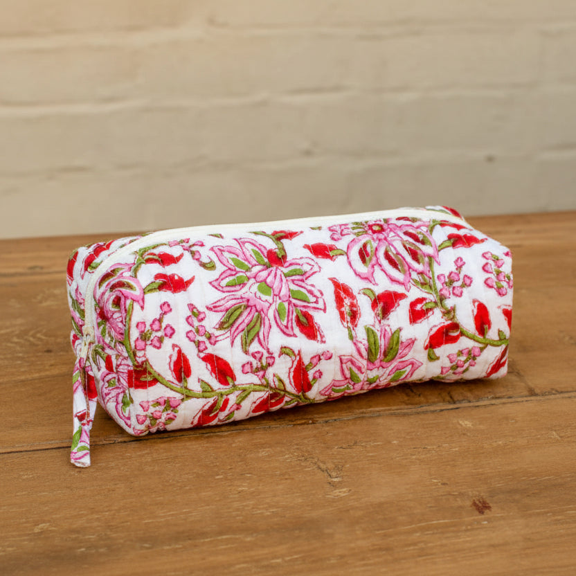 White & Red Floral Block Print Pencil Case - SMS006/PEN - Uneeka