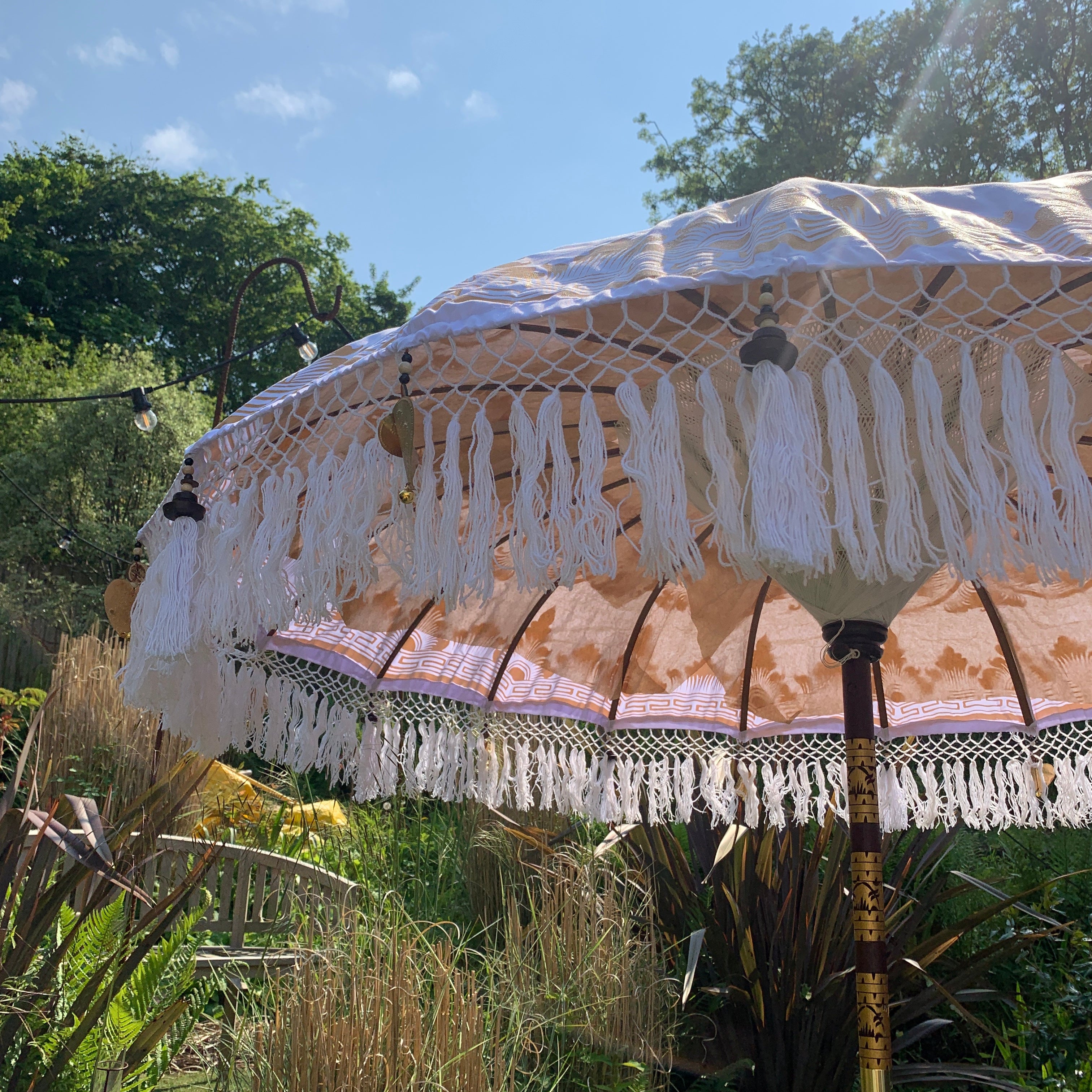 bali style patio umbrellas White Bali Sun Parasol with Pole Joint | Handcrafted in Bali