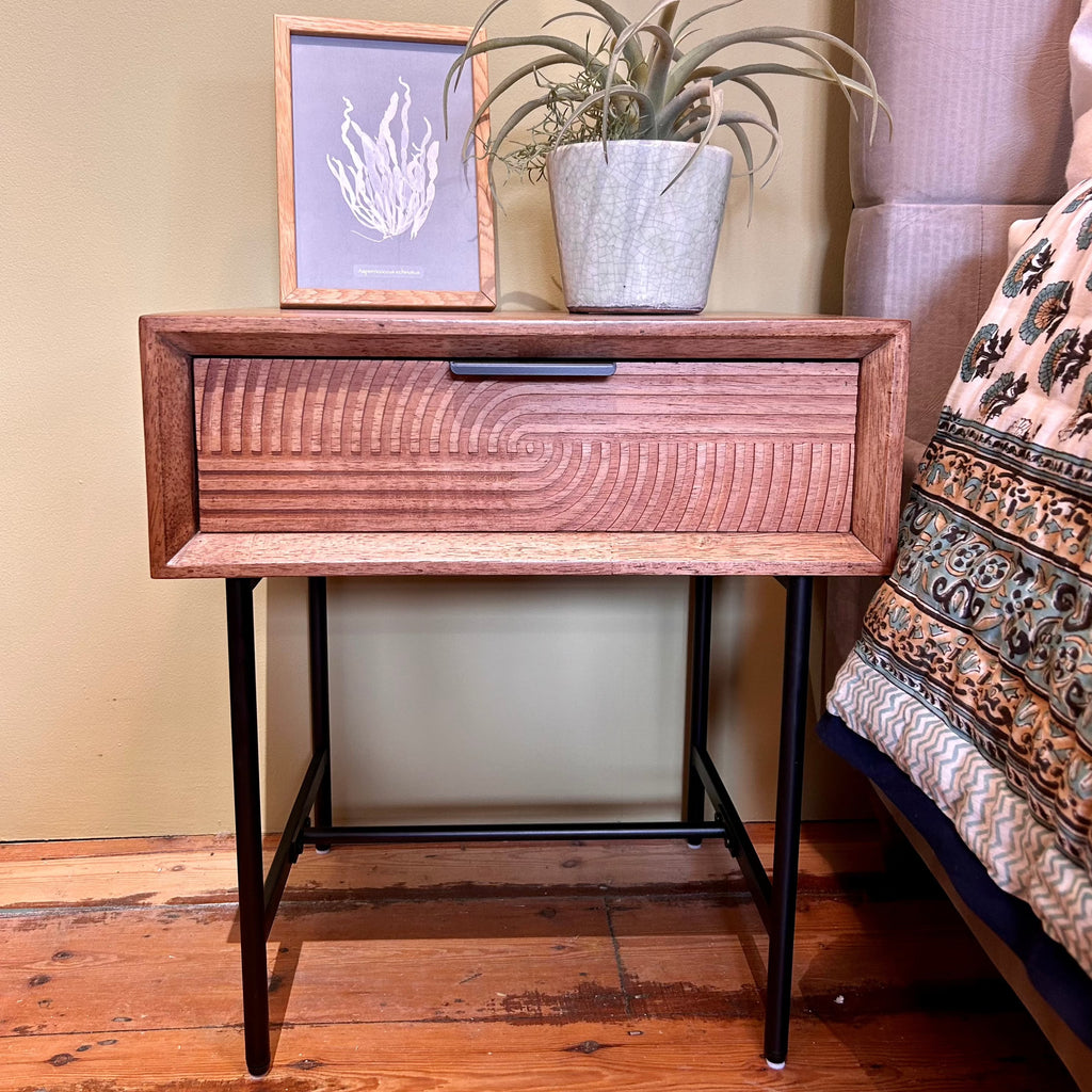 One Drawer Swirl Pattern Fir Wood Bedside Table Uneeka lifestyle image