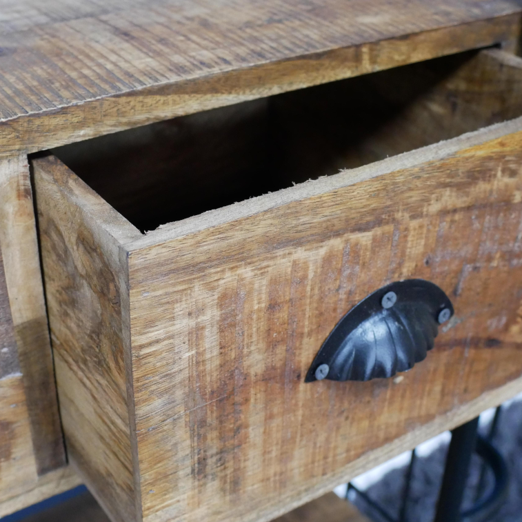 Industrial Iron & Mango Wood Shelving Unit close up drawers