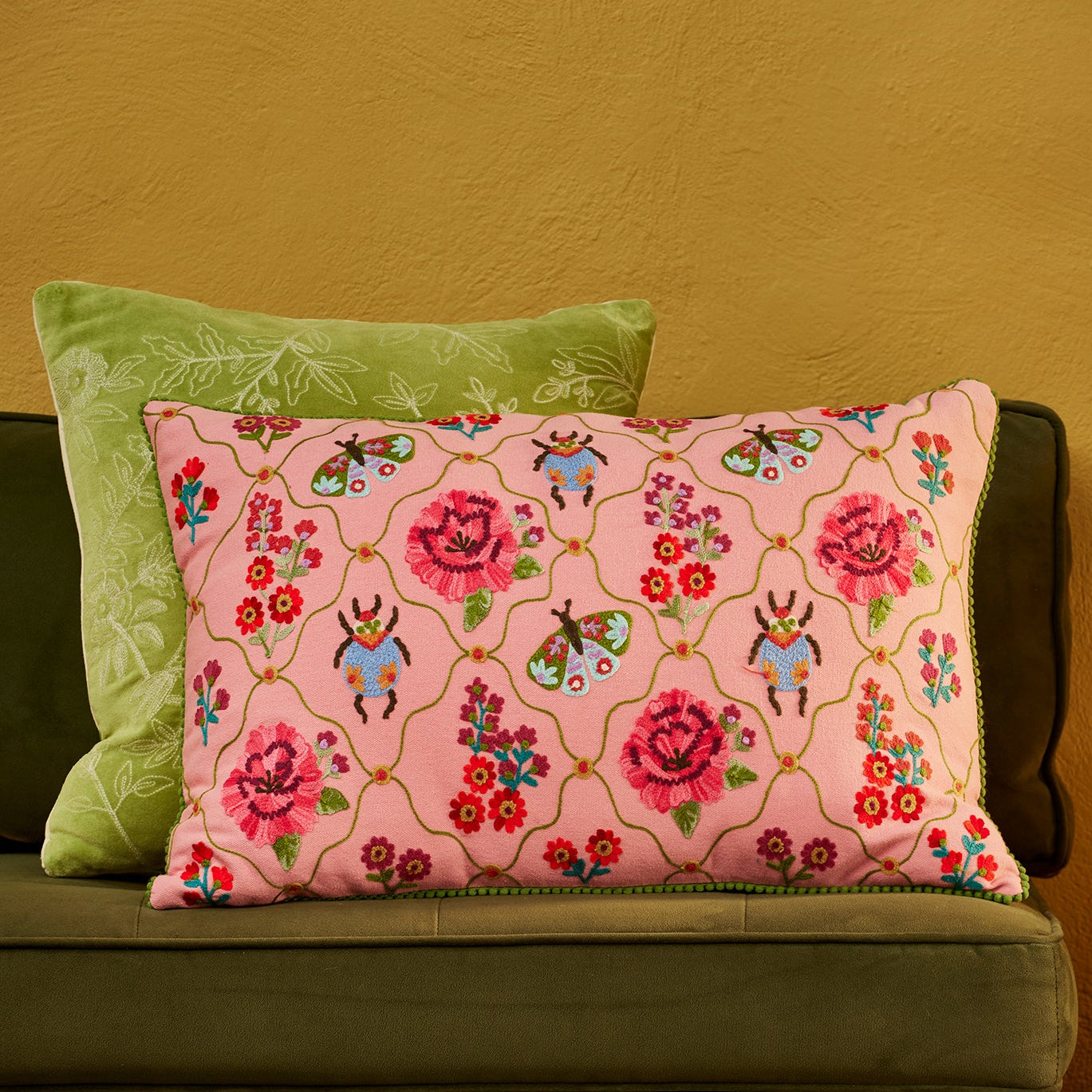Insects & Roses Embroidered Cushion - CC7 - Uneeka