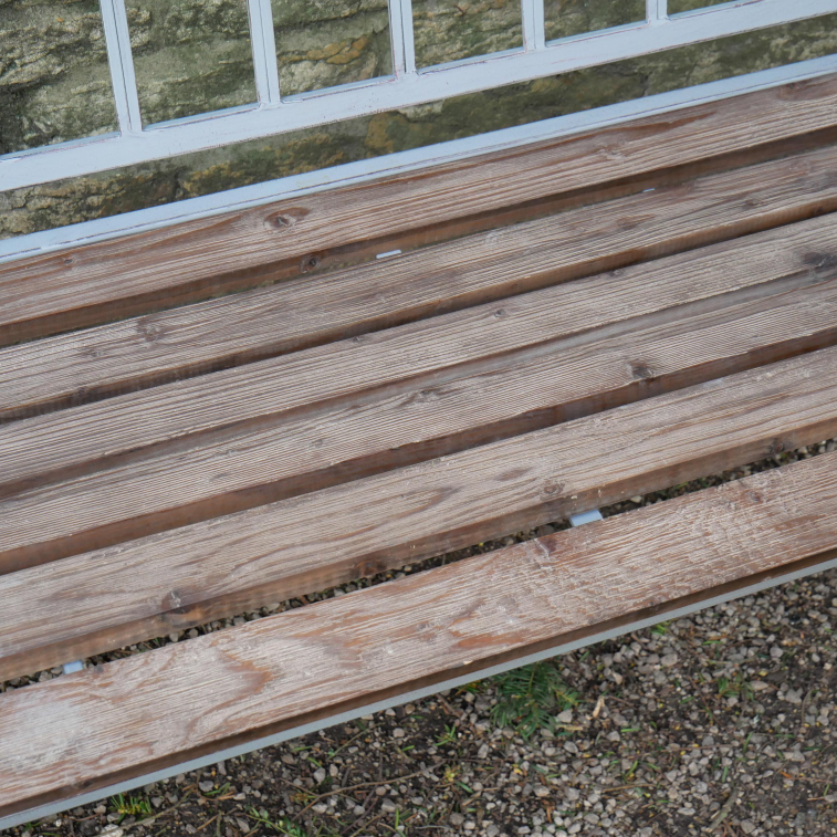 Iron & Fir Wood Grey Outdoor Bench close up fir wood seat