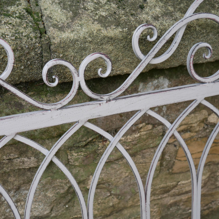 Iron & Fir Wood Grey Outdoor Bench close up iron painted grey ornate detail