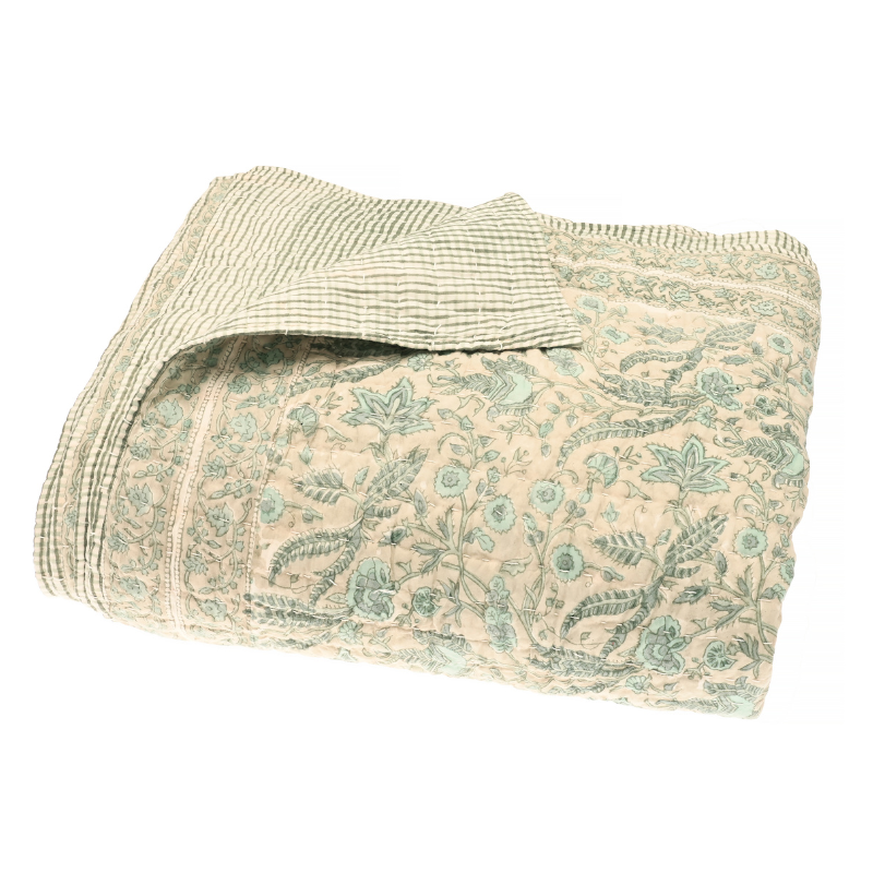 Jaipur Olive Hand Block Printed Bedcover - JHPQO - Uneeka