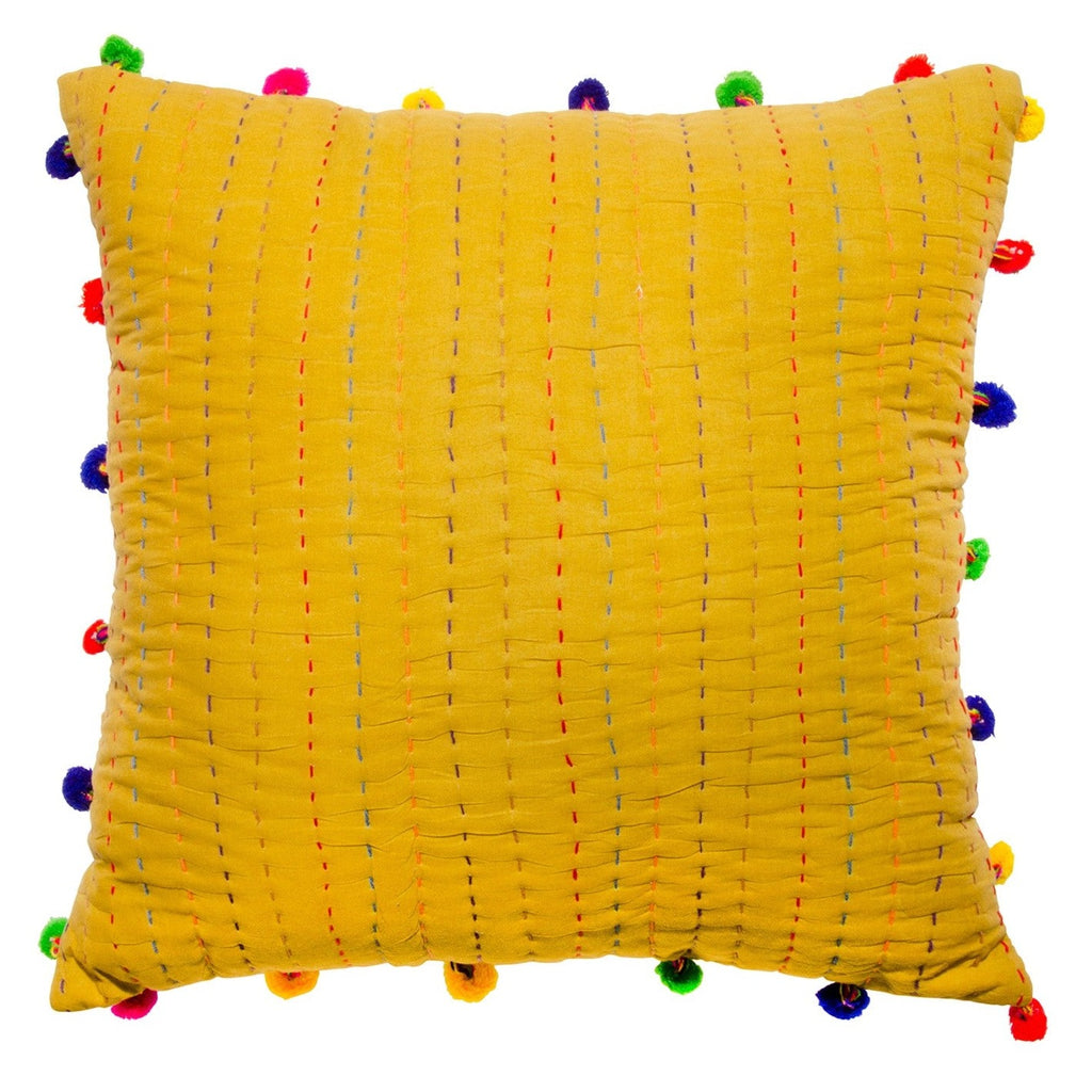 Kantha Pom-Pom Edge Cushion Yellow