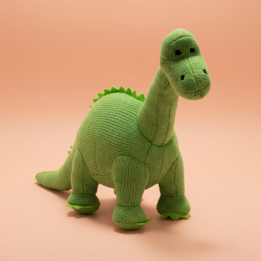 Knitted Green Diplodocus Dinosaur Baby Rattle - Uneeka