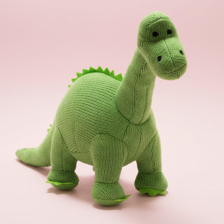 Knitted Green Diplodocus Dinosaur Baby Soft Toy Uneeka