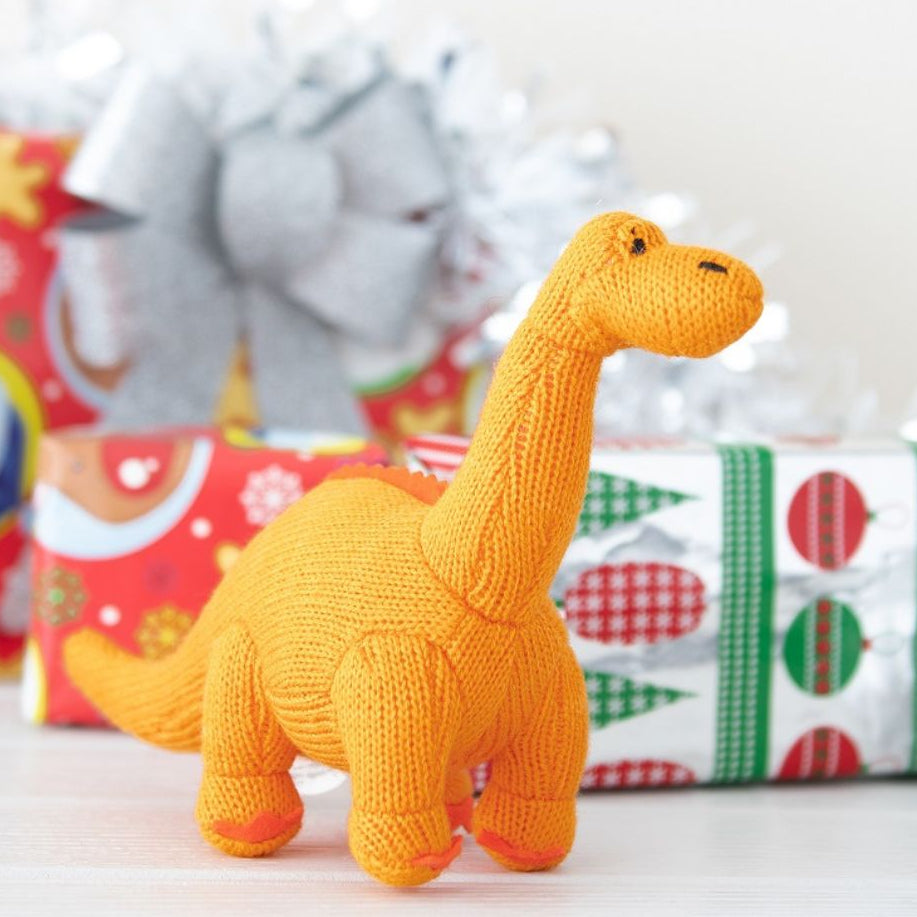 Knitted Orange Diplodocus Dinosaur Baby Rattle Uneeka