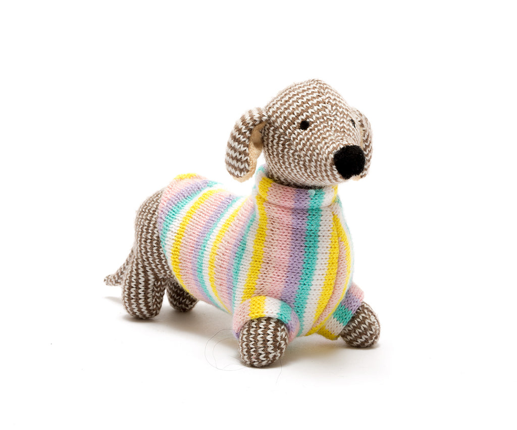 Knitted Sausage Dog in Pastel Jumper Rattle