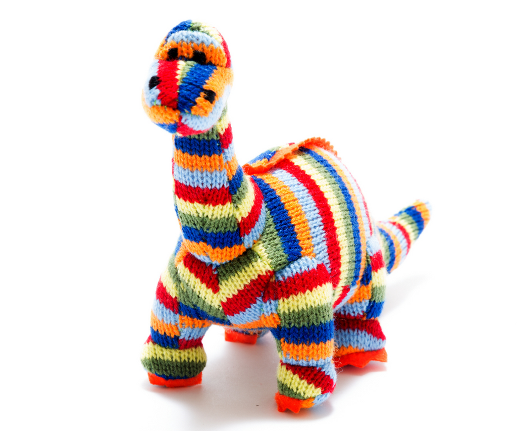 Knitted Rainbow Diplodocus Rattle Toy
