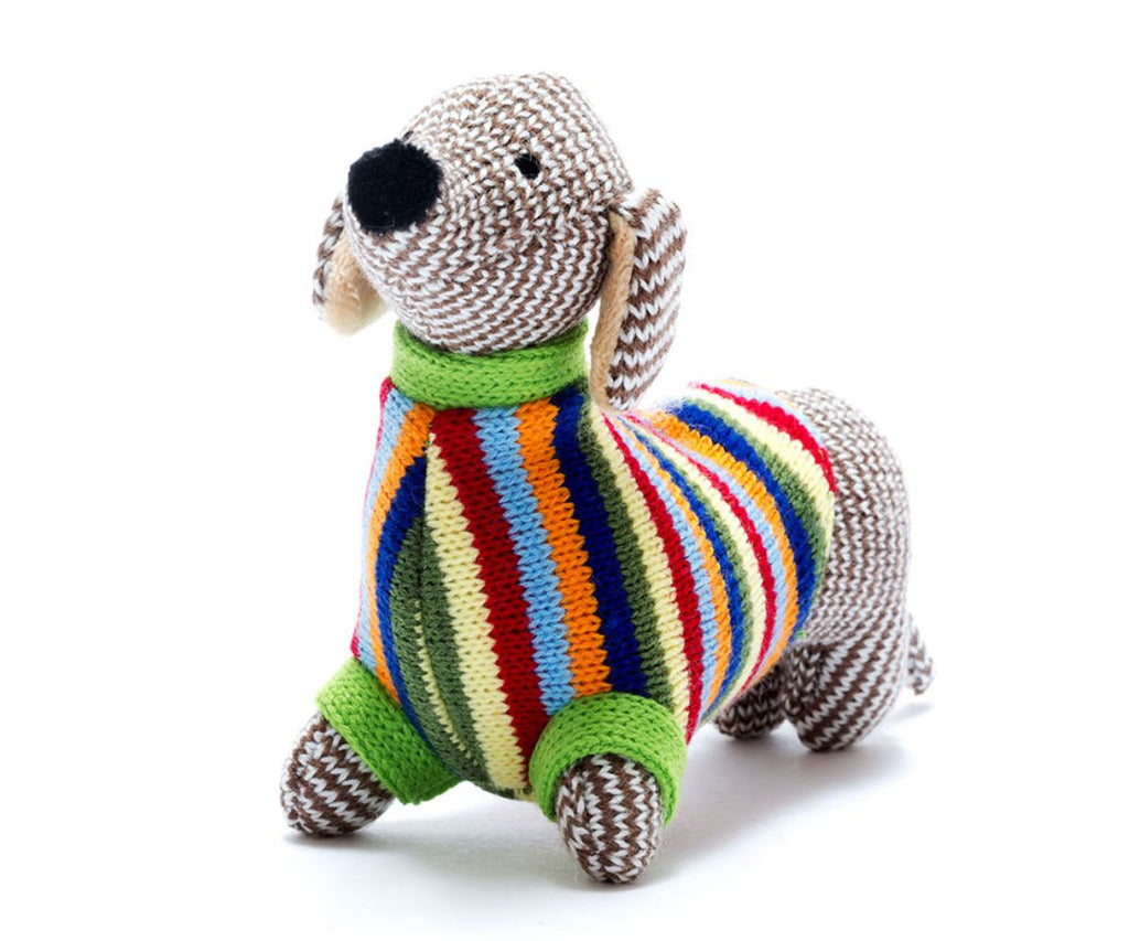 Knitted Sausage Dog in Jumper Rattle brown with rainbow stripes
