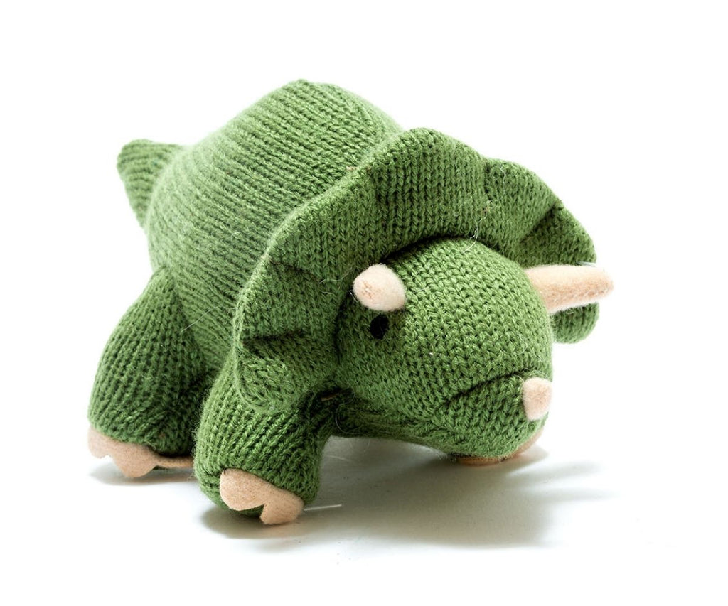 Knitted Green Triceratops Rattle Toy