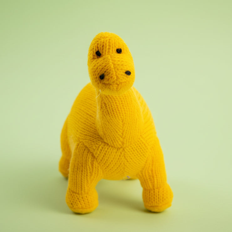 Knitted Yellow Diplodocus Dinosaur Baby Rattle Uneeka