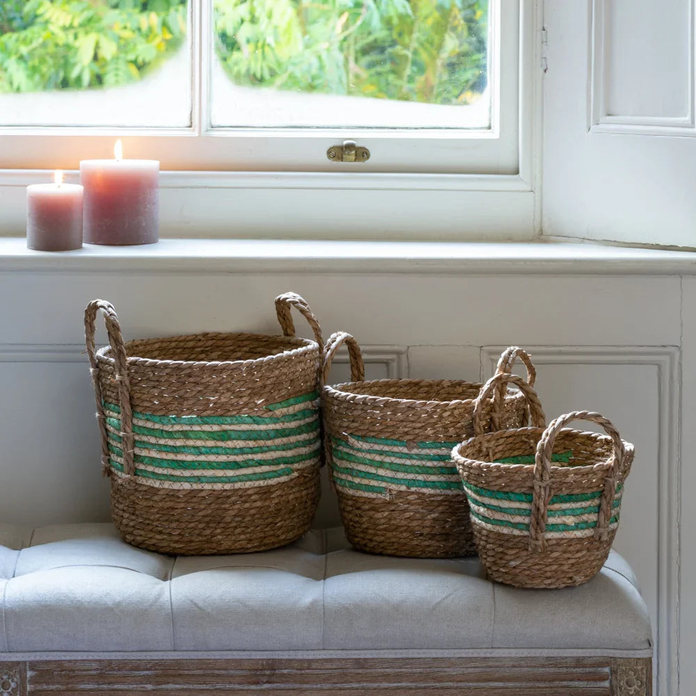 Green Striped Straw & Corn Basket With Handles - LIN23546 - Uneeka