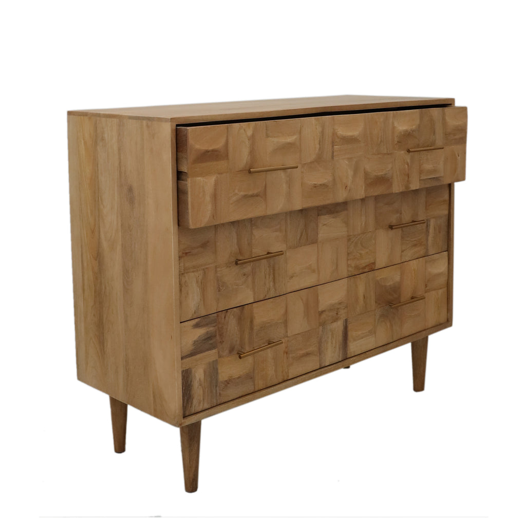 Large 3 Drawer Checkerboard Mango Wood Chest Of Drawers angled view open drawer