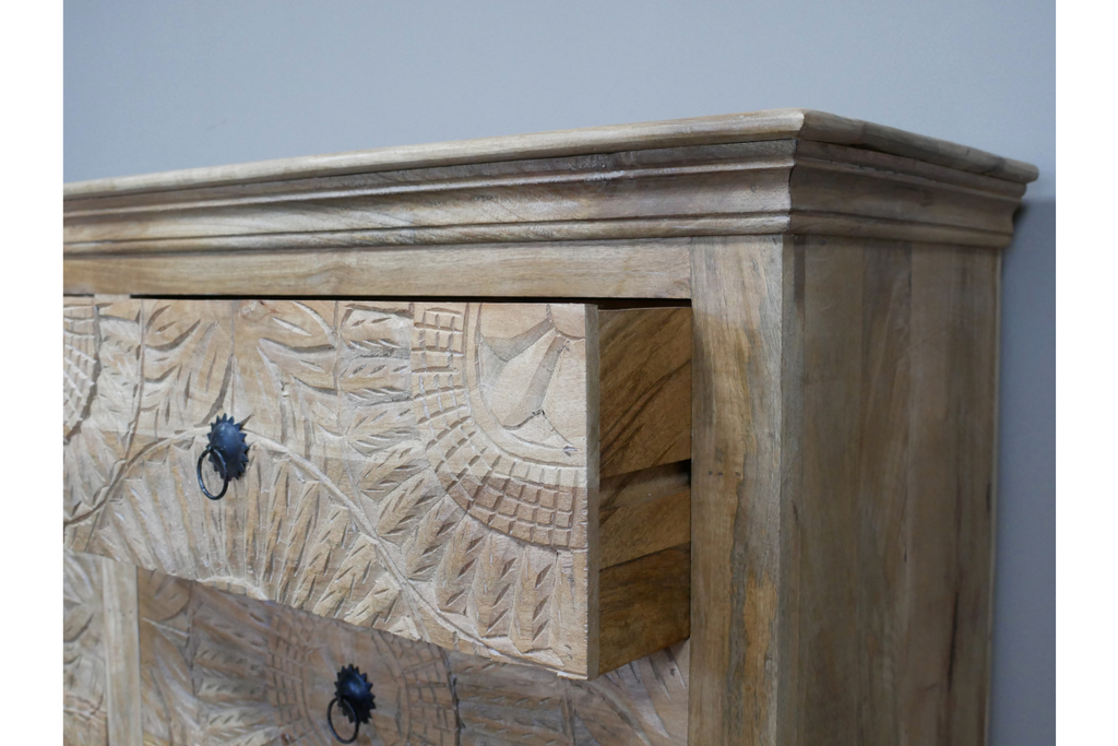 Large Carved Mango Wood Chest Of Drawers close up