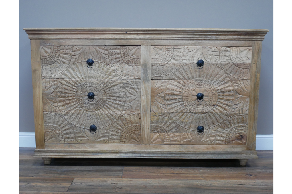 Large Carved Mango Wood Chest Of Drawers front view 6 large drawers