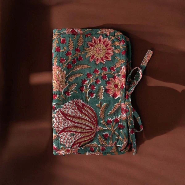 Large Cotton Floral Print Jewellery Roll -  Green - Uneeka
