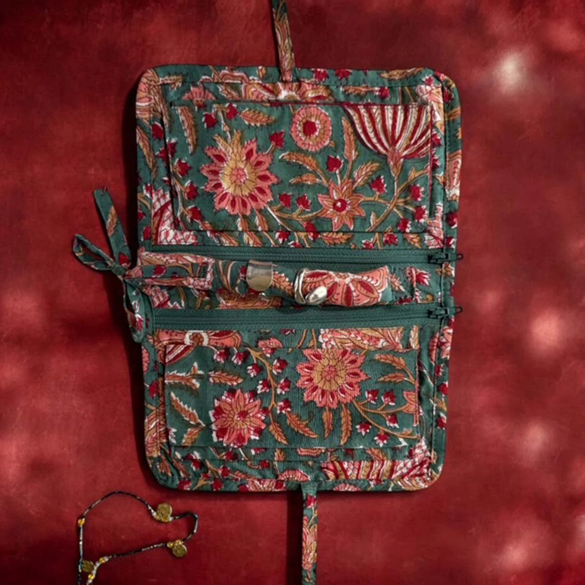 Large Cotton Floral Print Jewellery Roll -  Green - open - Uneeka