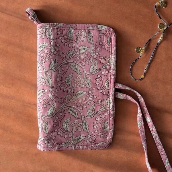 Large Cotton Floral Print Jewellery Roll -  Pink - Uneeka
