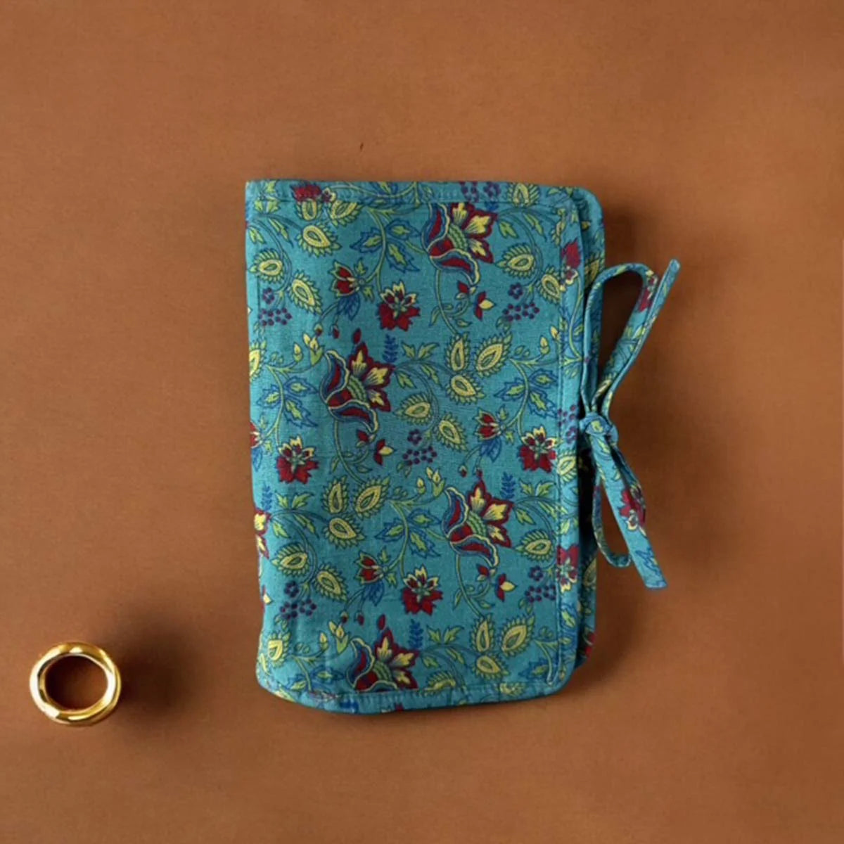 Large Cotton Floral Print Jewellery Roll -  Teal - Uneeka