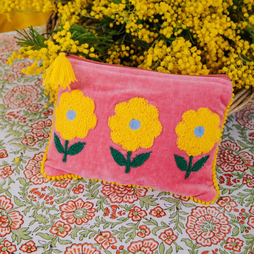 Large Embroidered Triple Flower Makeup Bag - Trip FlowerPink/Yellow L - Uneeka