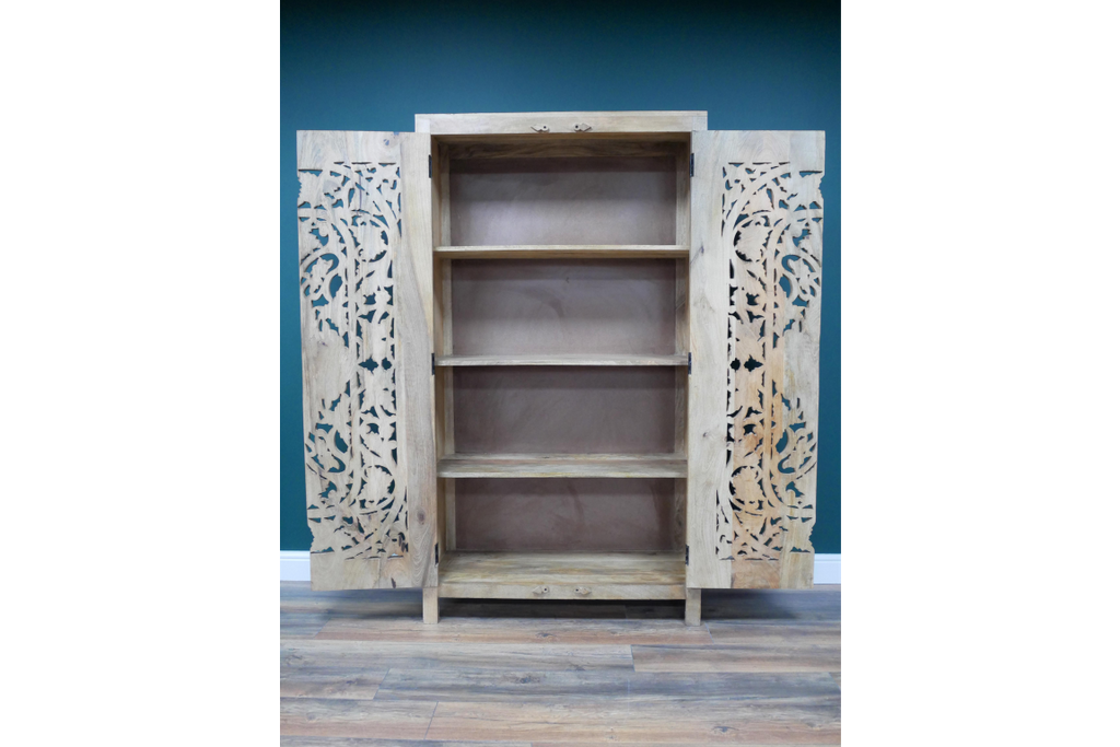 Large Mango Wood Intricate Detail Cabinet - Four Internal Shelves