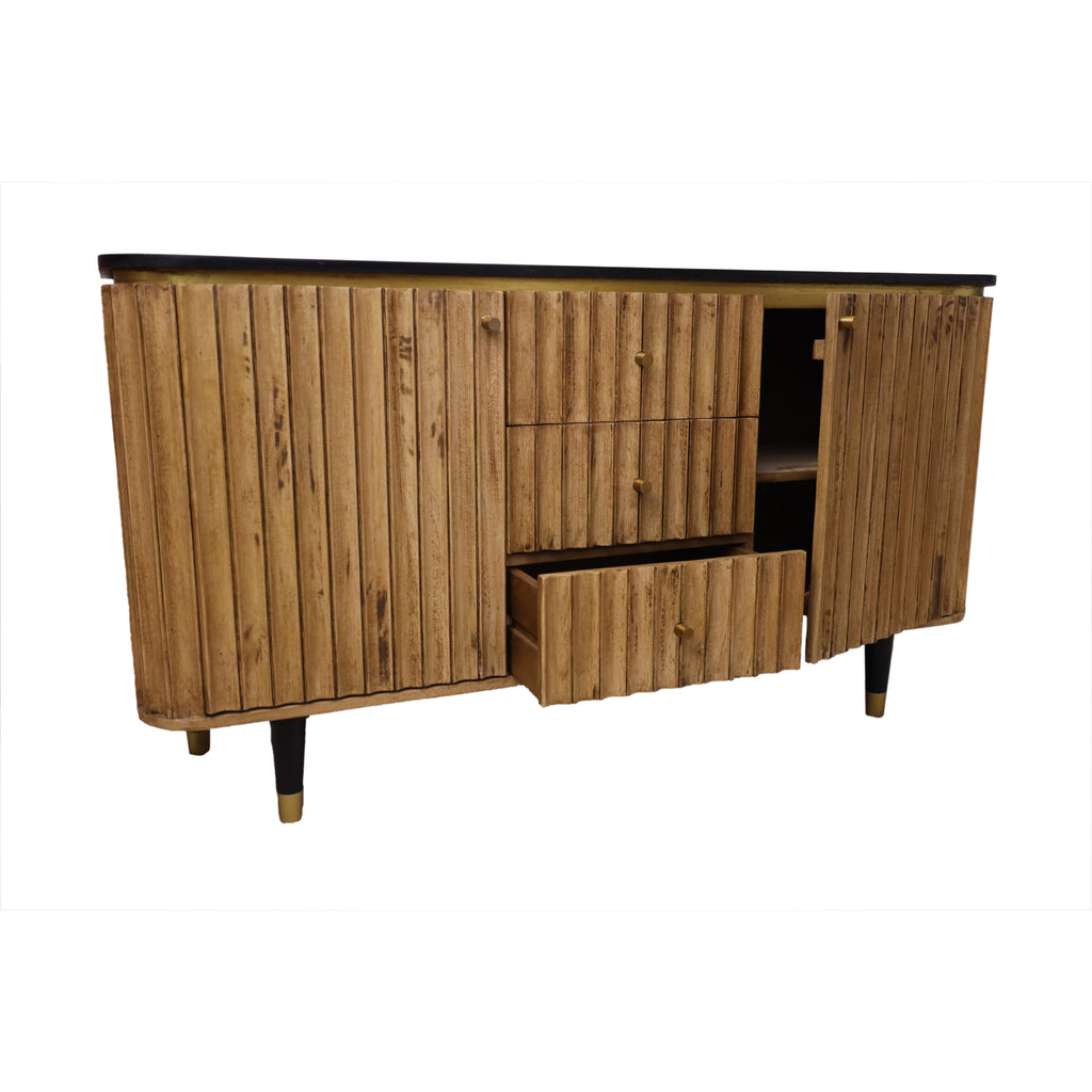 Large Panelled Wood & Metal Curved Edge Sideboard mango wood angled view and open drawer