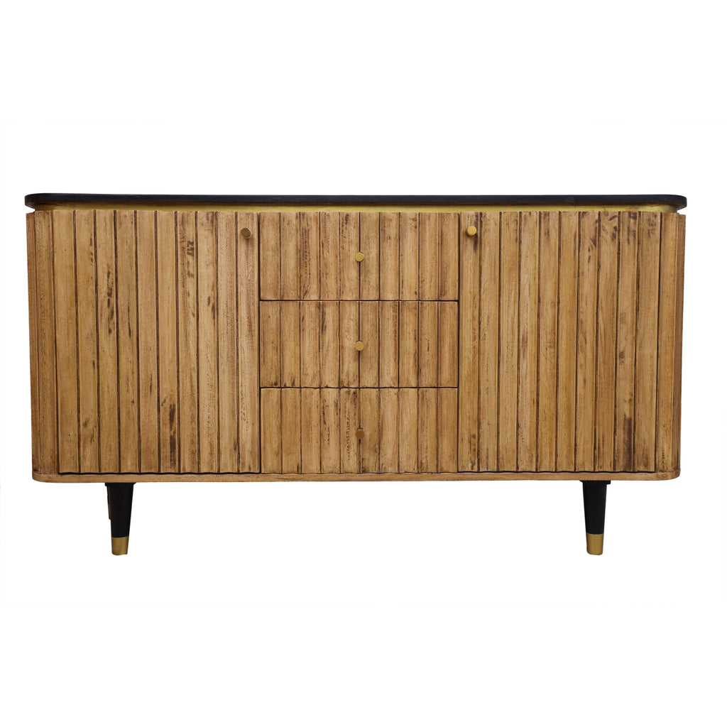 Large Panelled Wood & Metal Curved Edge Sideboard front view