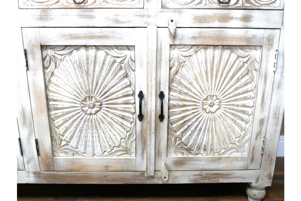 Large White Wash Ornate Mango Wood Sideboard close up ornate detail cupboard doors