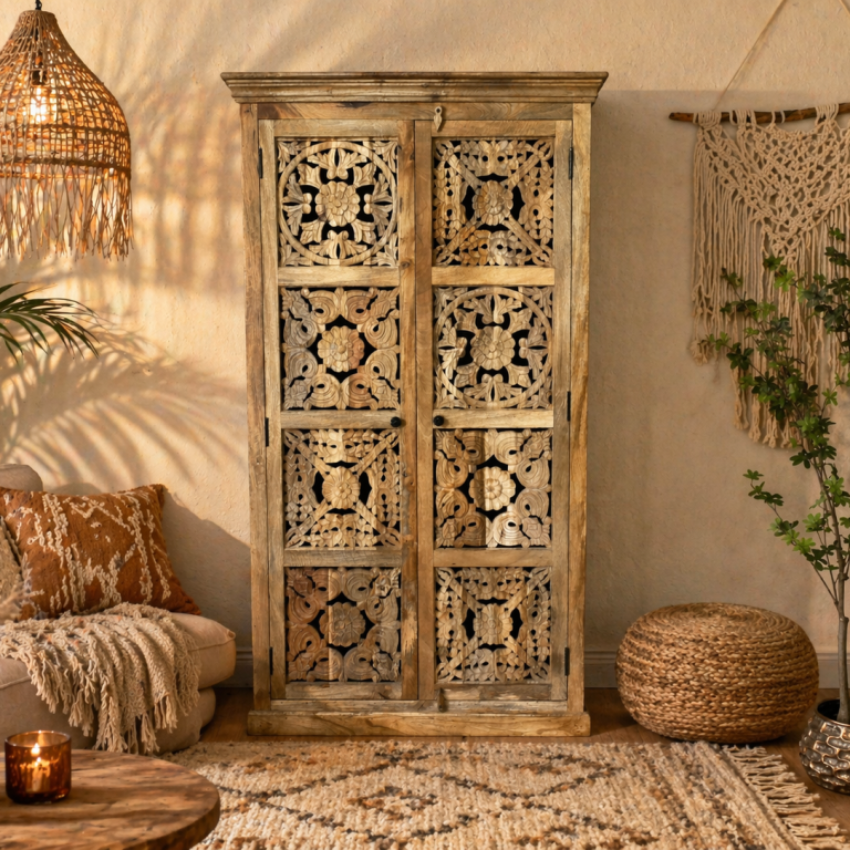 Large Mango Wood Carved Panelled Cabinet - 9794 - Uneeka