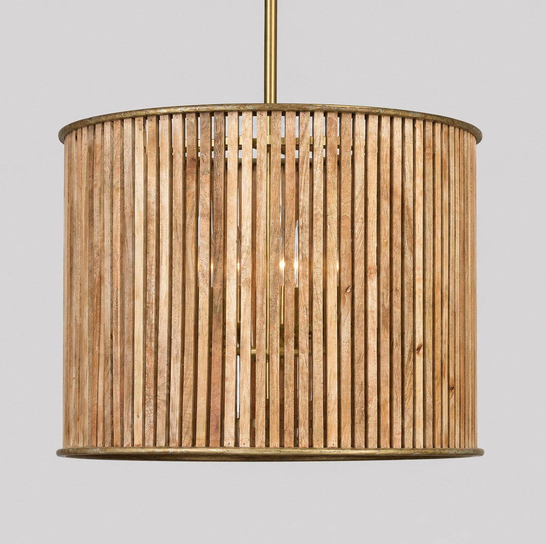 Large Mango Wood Slat Pendant with Brass Detailing - 2500C - Uneeka