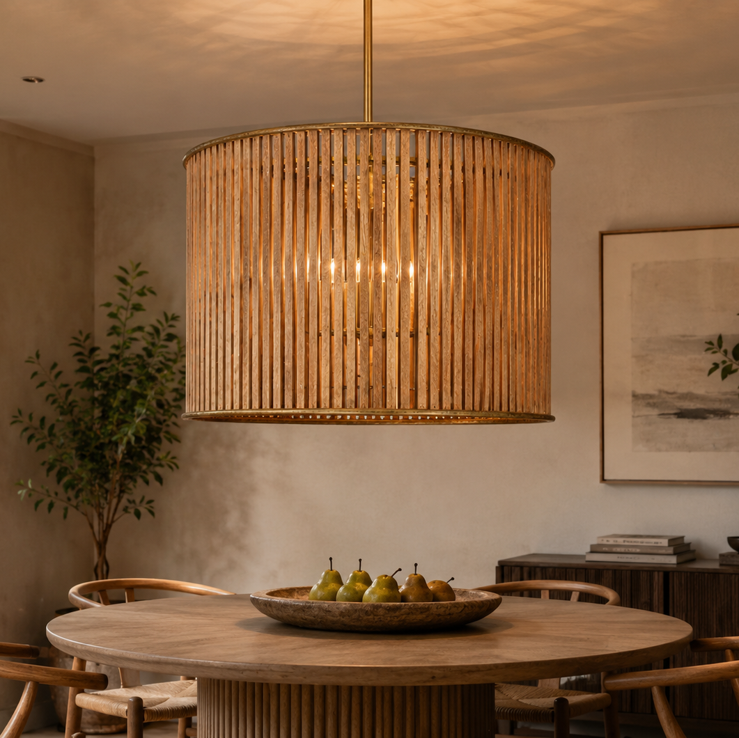 Large Mango Wood Slat Pendant with Brass Detailing - 2500C - Uneeka