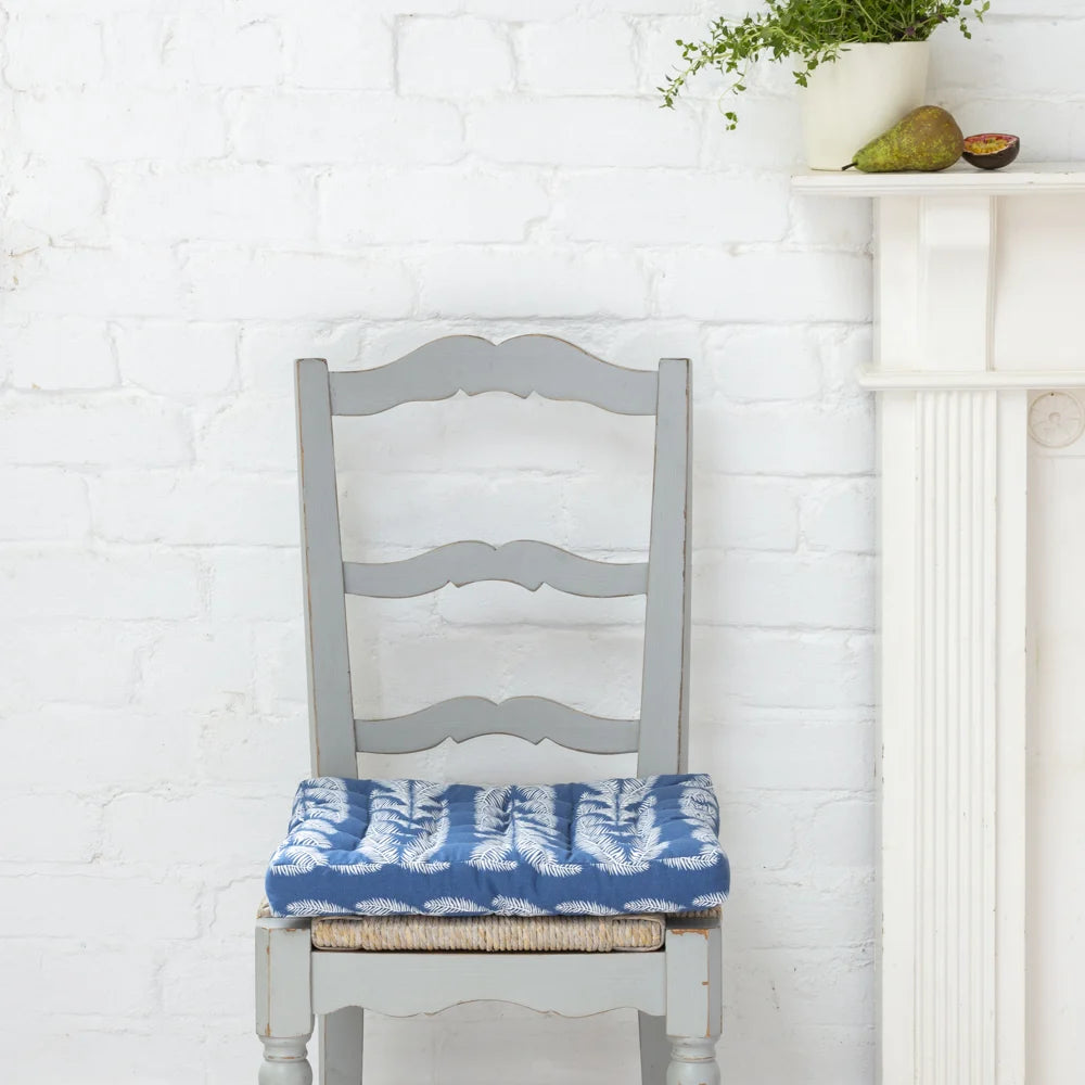 Leaf Print Seat Pad Cushion Blue on dining chair