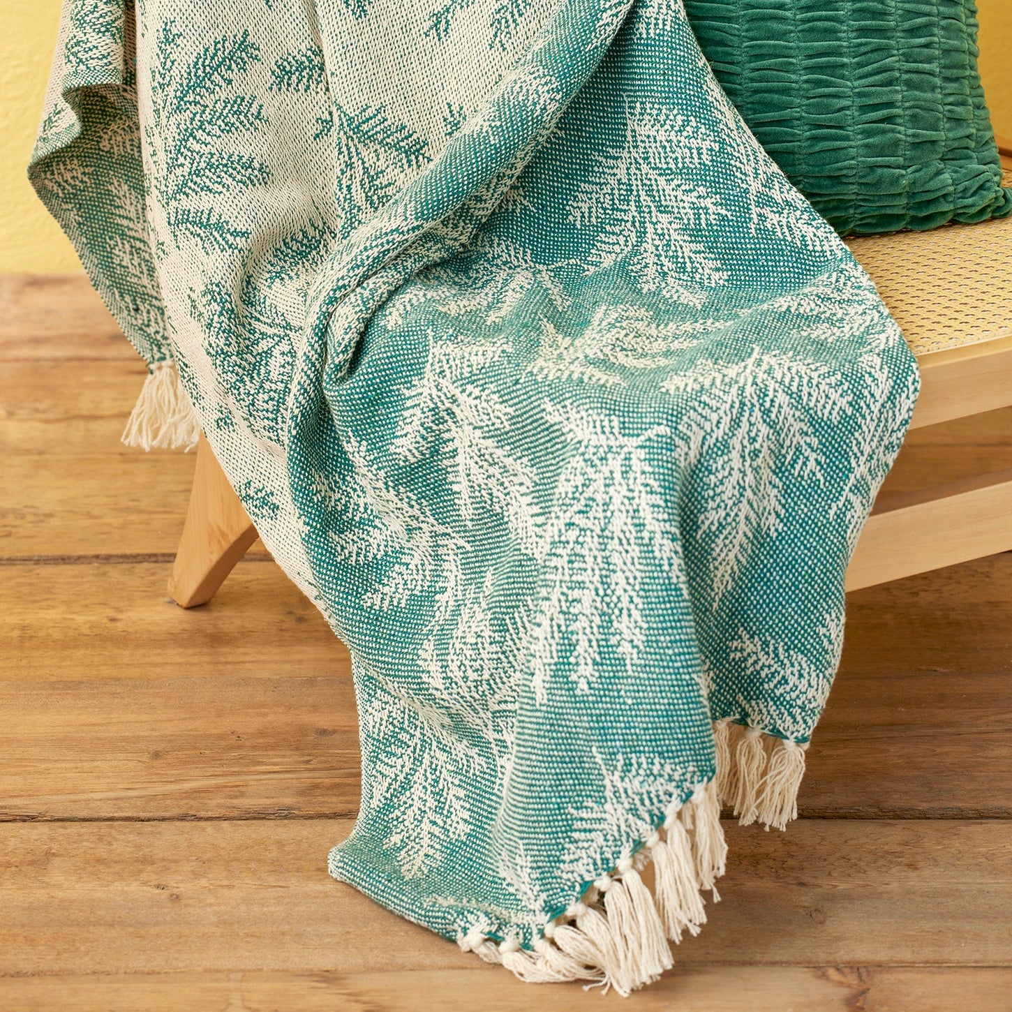 Leaf Patterned Recycled Cotton Throw - Teal - Uneeka