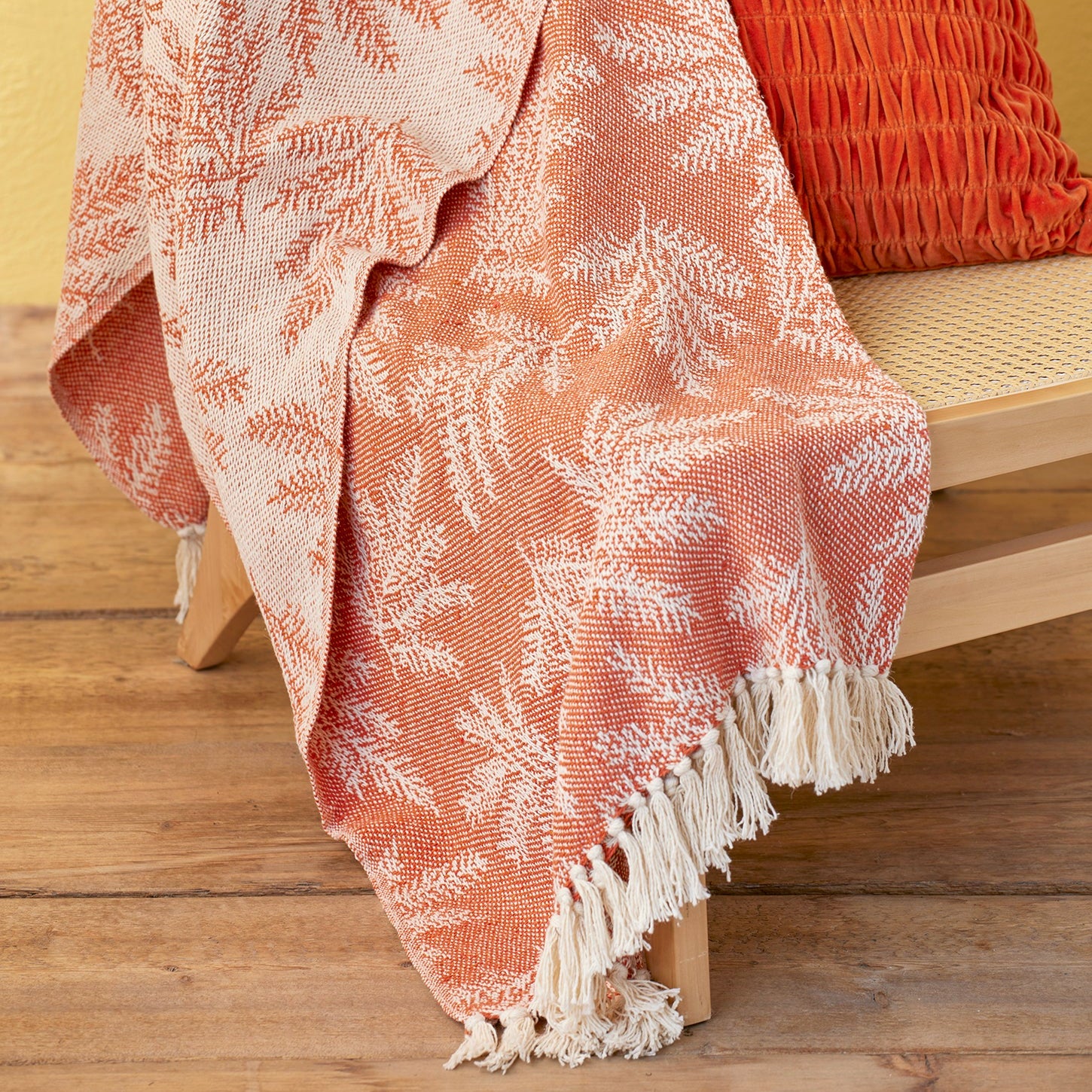 Leaf Patterned Recycled Cotton Throw - Orange - Uneeka