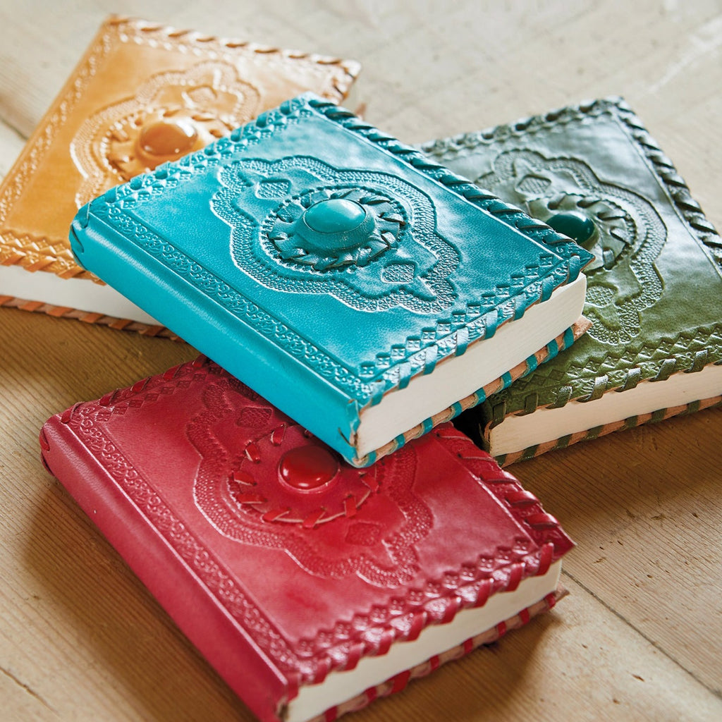 Leather Notebook With Semi-Precious Stone yellow blue green red