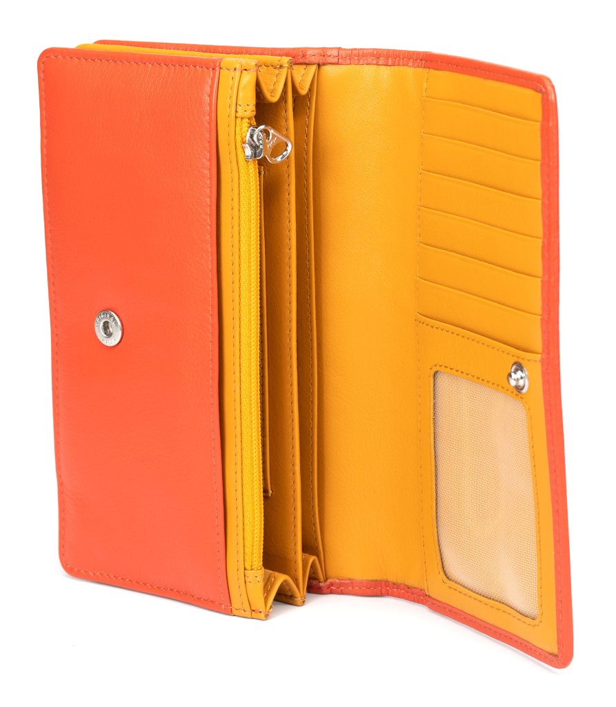 Leather & Artificial Raffia Wallet Purse orange and mustard open
