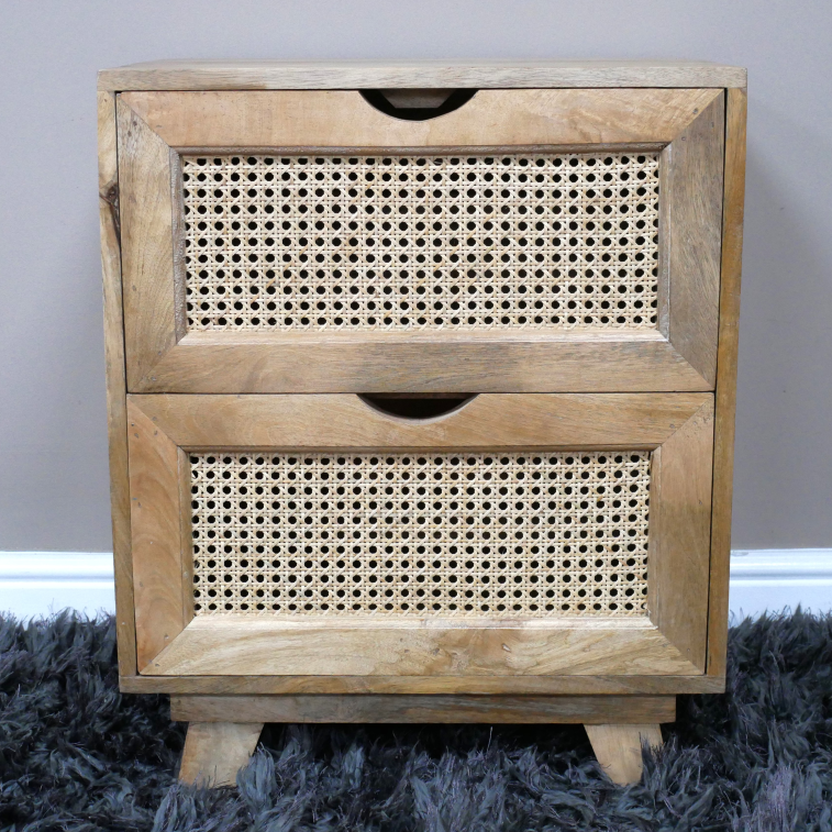 Light Rattan Front Two Drawer Bedside Cabinet front view