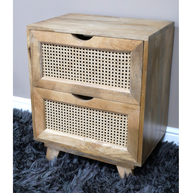 Light Rattan Front Two Drawer Bedside Cabinet angled view