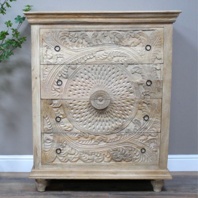 Light Mango Wood Carved Chest of Drawers - 10187 - Uneeka