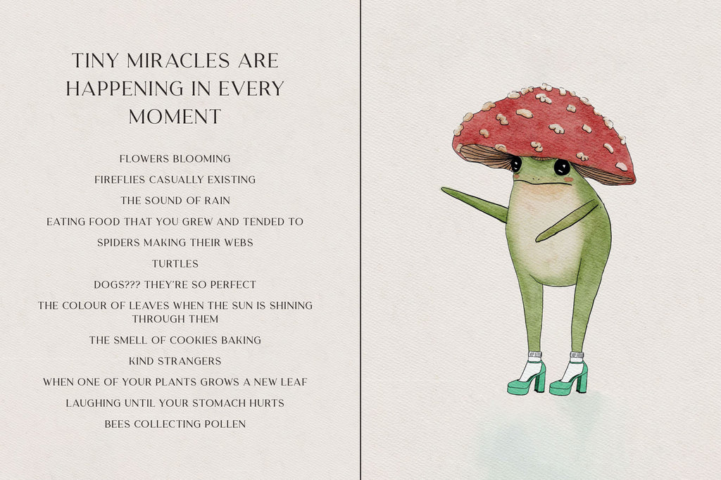 Little Frogs Guide To Self Care Mini Book spread "tiny miracles are happening in every moment"