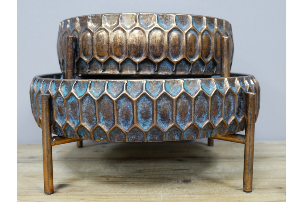 Long Honeycomb Bronze & Blue Metal Decorative Planter stacked on top, sold individually