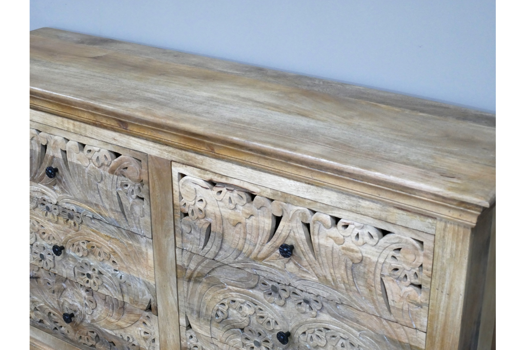 Mango Wood Carved 6 Drawer Chest Of Drawers close up